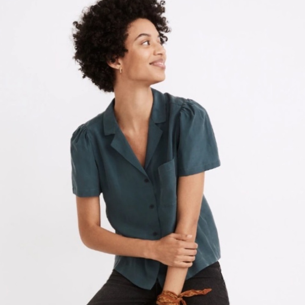 Madewell 100% Silk Short Puff Sleeve Camp Shirt Large Emerald Green Button Down